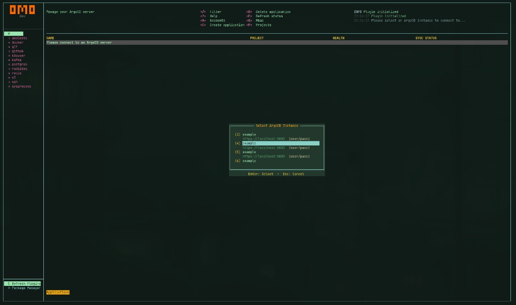 omo Argo CD plugin: application table and instance-selector modal.