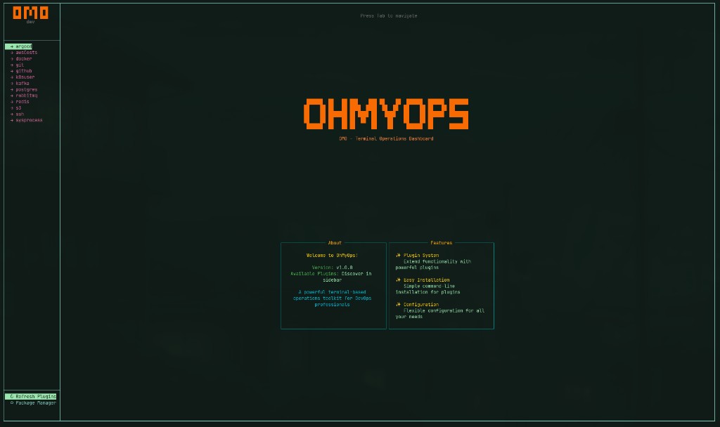 omo terminal dashboard: plugin rail with all tools, welcome screen with version and feature list.