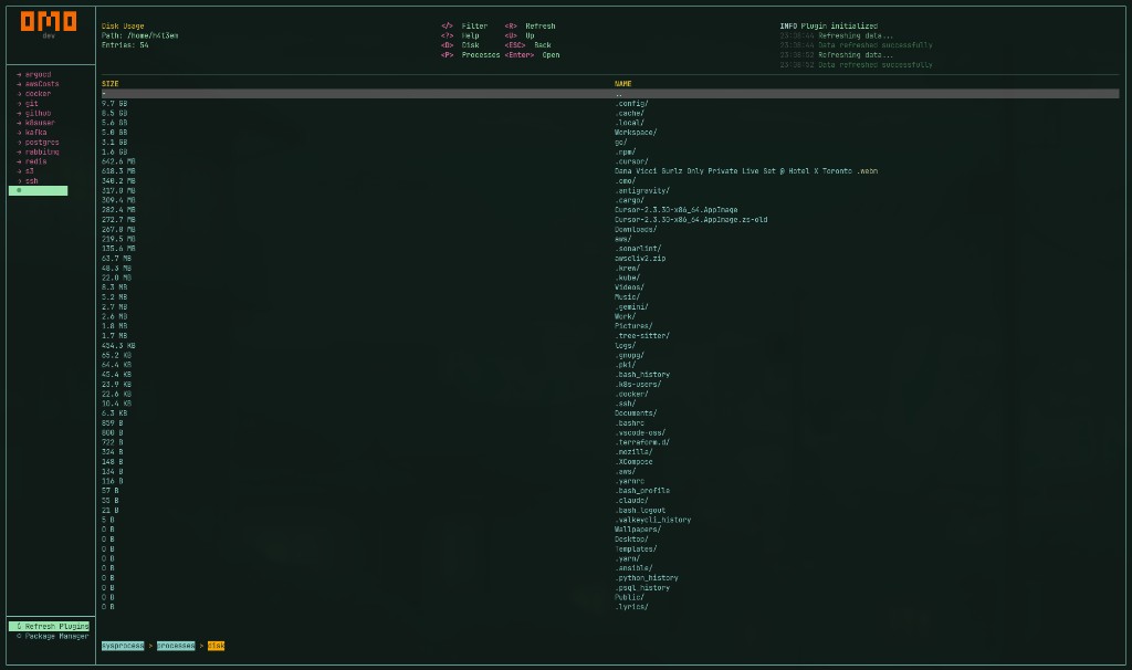 omo disk usage view: directory size table sorted by size with keyboard navigation.