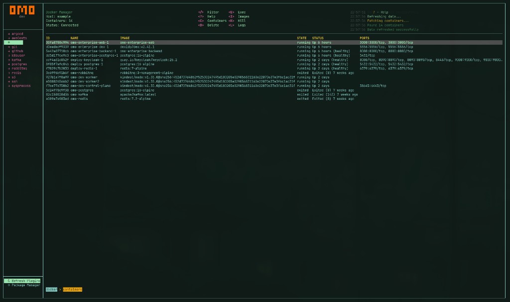 omo Docker plugin: live container table with name, state, ports, and shortcut bar at top.