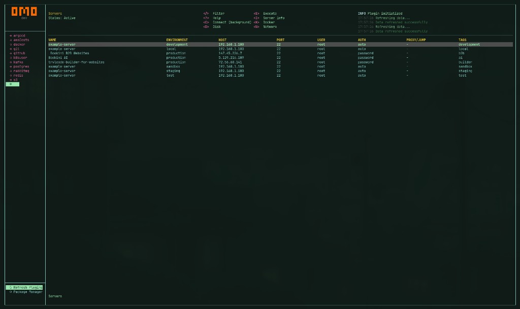 omo SSH servers view: host table with environment, port, user, auth method, proxy, and tags.